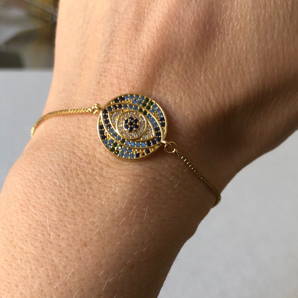 Gold Evil Eye Bracelet with Blue and Green Crystal Accents